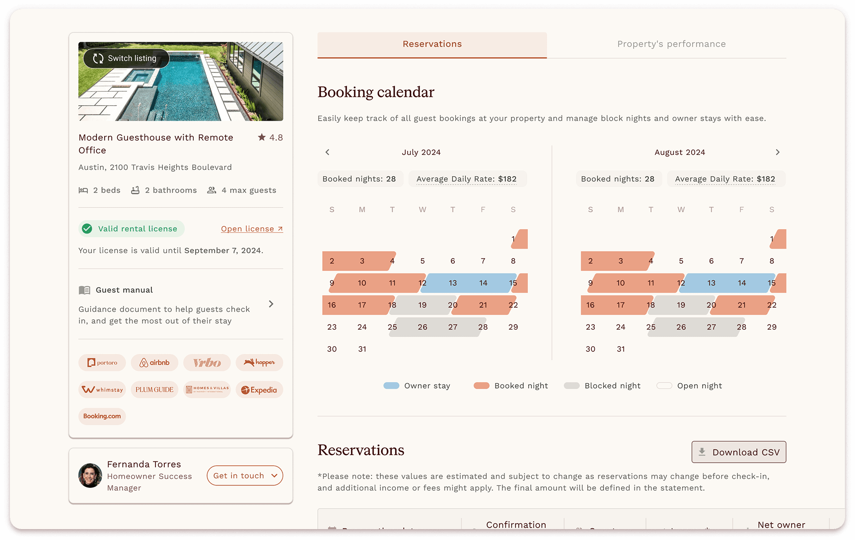 Luxury vacation rental management calendar - Easily track and manage property bookings in one place